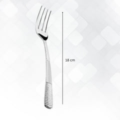 Single stainless steel dinner fork measuring 18 cm in length against white background