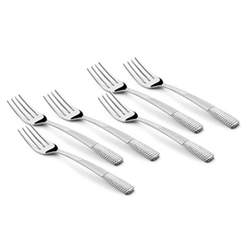 Set of six stainless steel dinner forks with textured handles on white background