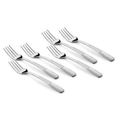 Set of six stainless steel dinner forks with textured handles on white background