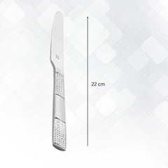 Single silver dinner knife with textured handle displayed in profile view with measurement line indicating total length of 22 centimeters on light quilted background.