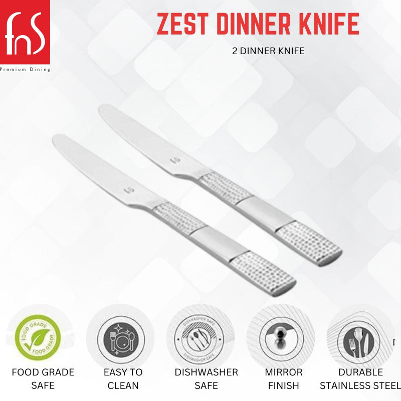Premium dining brand logo showcasing Zest Dinner Knife product title with two silver knives featuring textured handles, highlighting features: food grade safe, easy to clean, dishwasher safe, mirror finish, and durable stainless steel.