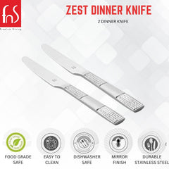 Premium dining brand logo showcasing Zest Dinner Knife product title with two silver knives featuring textured handles, highlighting features: food grade safe, easy to clean, dishwasher safe, mirror finish, and durable stainless steel.