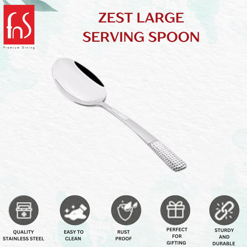 Zest large serving spoon features infographic highlighting quality stainless steel, easy to clean, rust proof, perfect for gifting, and sturdy durable design.