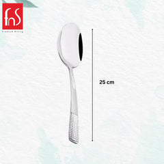 Zest large serving spoon with 25 cm length dimension measurement shown on white background with textured handle detail visible.