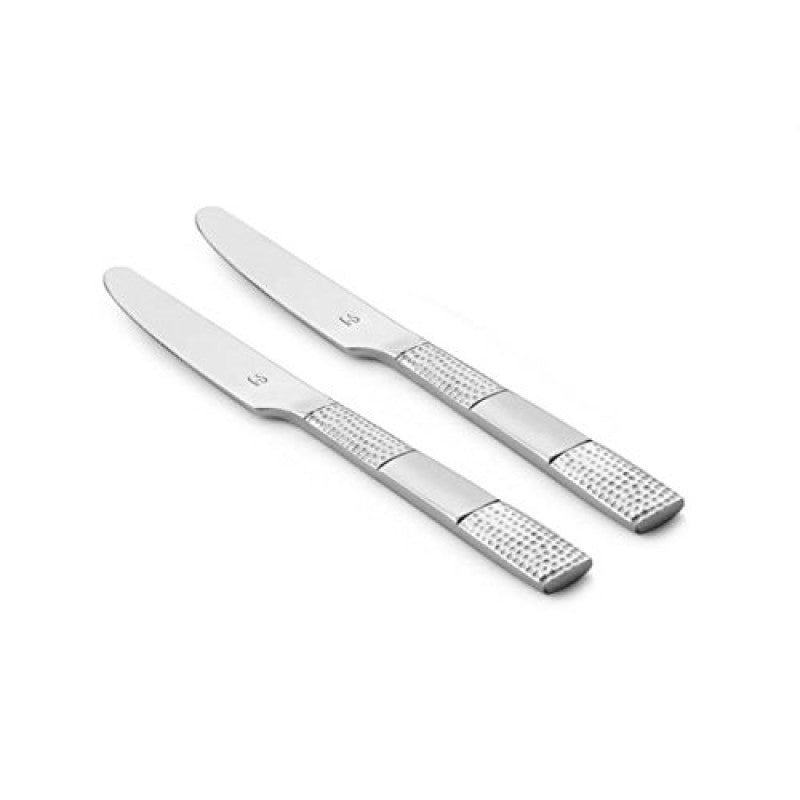 Pair of elegant silver dinner knives with decorative cross-hatched handles displayed at angle on white background for premium product presentation and e-commerce use.