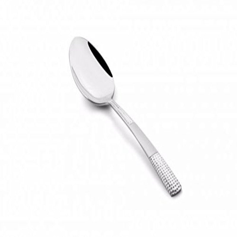 FNS Zest stainless steel large serving spoon with mirror finish and textured dotted handle pattern on white background for kitchen use.